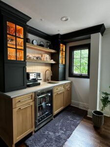 Cozy kitchen corner with wooden cabinets and modern appliances.