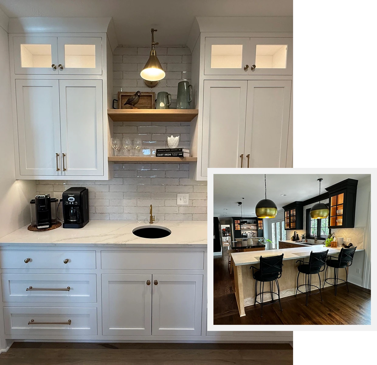 Modern white kitchen with clean countertops and a coffee station.